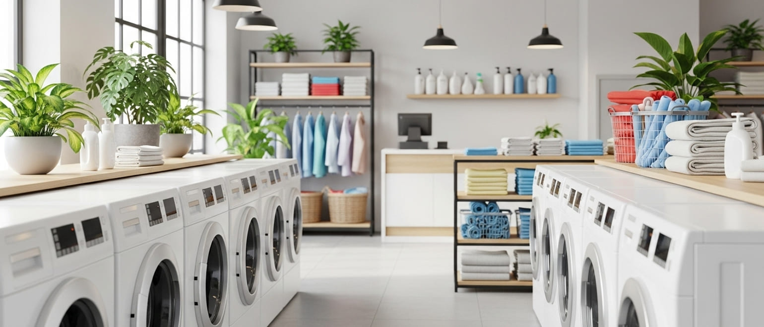 Modern laundry and dry-cleaning store interior with neatly folded linens