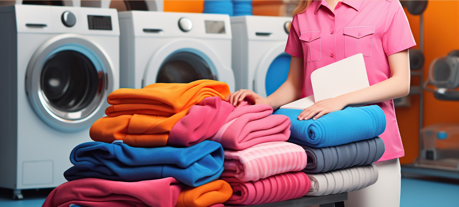 Laundry staff folding freshly washed clothes at Thana Power Laundry